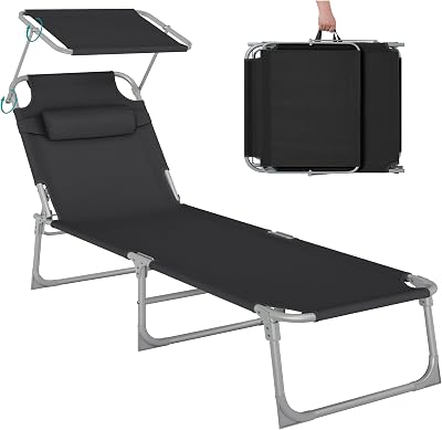 SONGMICS Sun Lounger with Headrest and Parasol Black GCB192B01