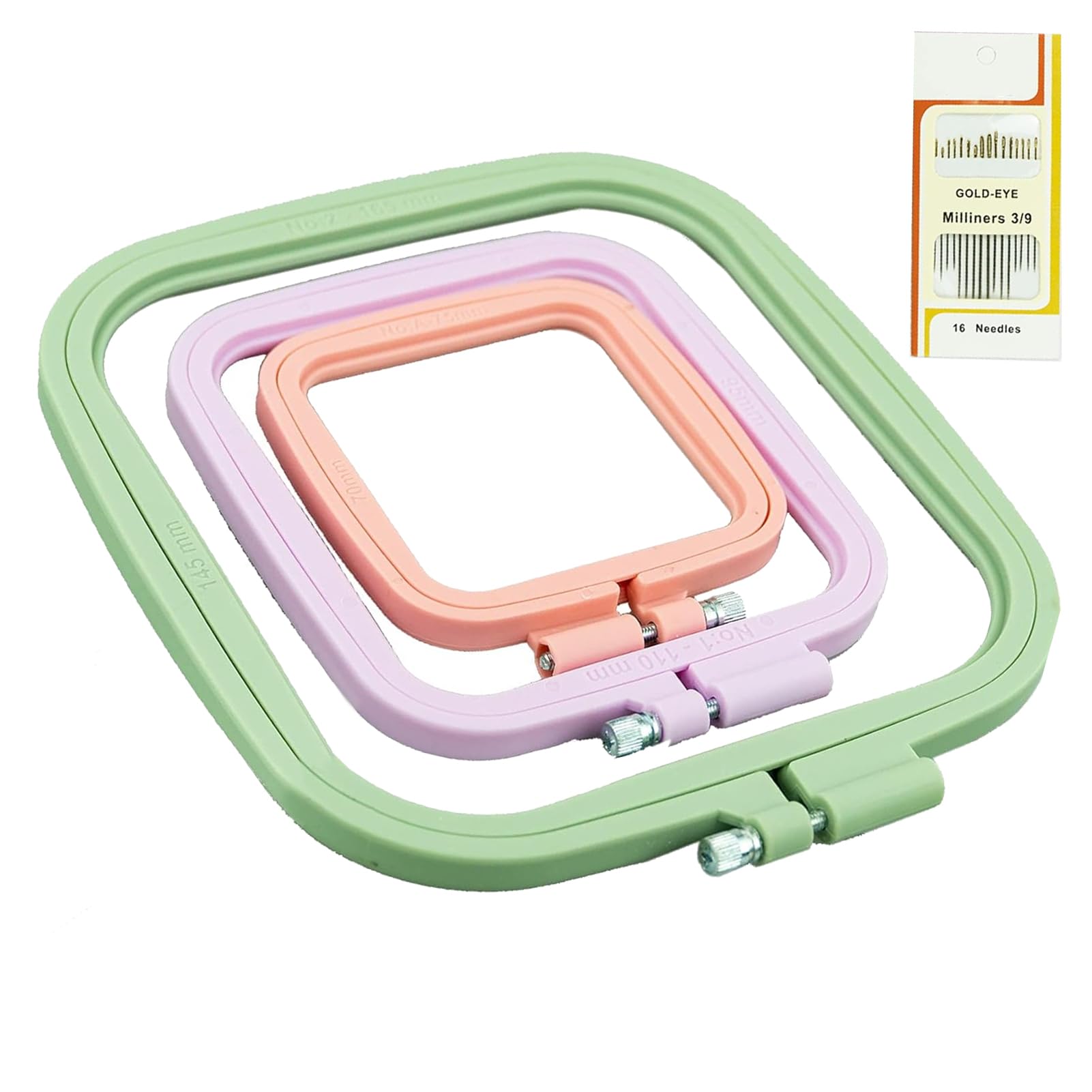 3 Sizes Square Embroidery Hoop with 16 Gold Eye Embroidery Needles, Colorful ABS Rectangle Frame Stitch Hoop Sewing Tool for Art Craft Handy Sewing (Multicolor Embroidery Hoops)