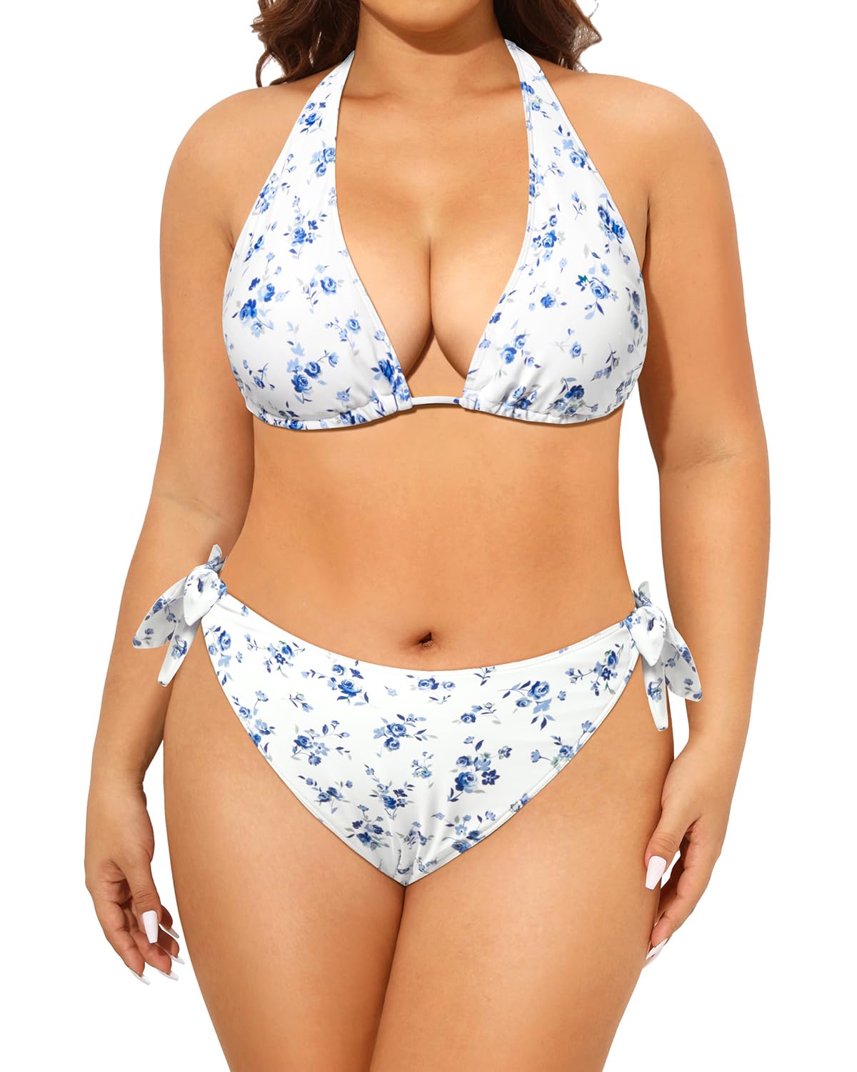 Photo 1 of Tempt Me Women Blue and White Floral Plus Size Triangle Bikini Halter Two Piece Swimsuit Sexy Tie Side Bathing Suits 20 Plus