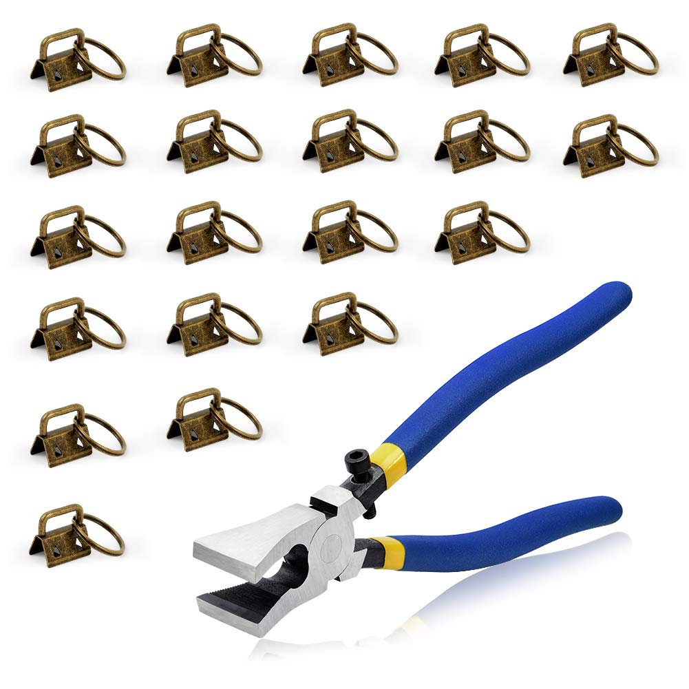 SPEEDWOX 20 Sets Key Chain Fob Hardware with Split Rings and Key Fob Pliers Kit Glass Breaking Pliers Tool for 0.8 Inch Webbing Fabric Strapping Wristlet Antique Brass Key Fob