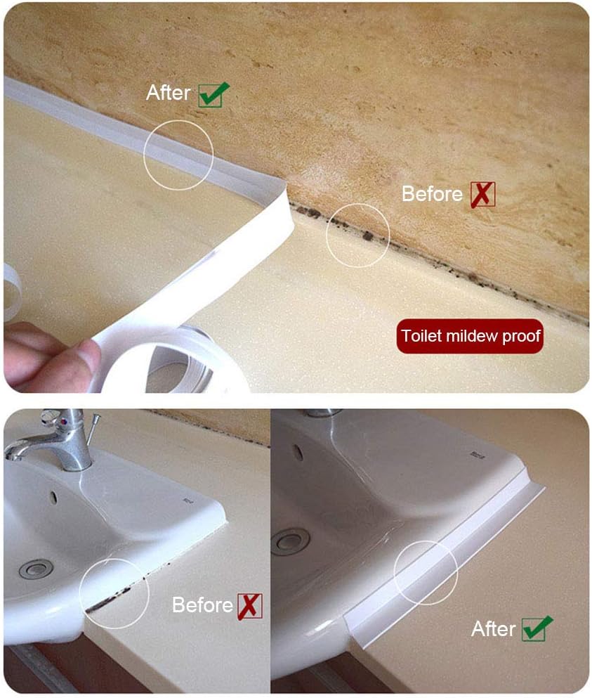 2 Pack Tape Caulk Strip, PVC Self Adhesive Caulking Sealing Tape for Kitchen Sink Toilet Bathroom Shower and Bathtub, 1-1/2" x 11' White - - 