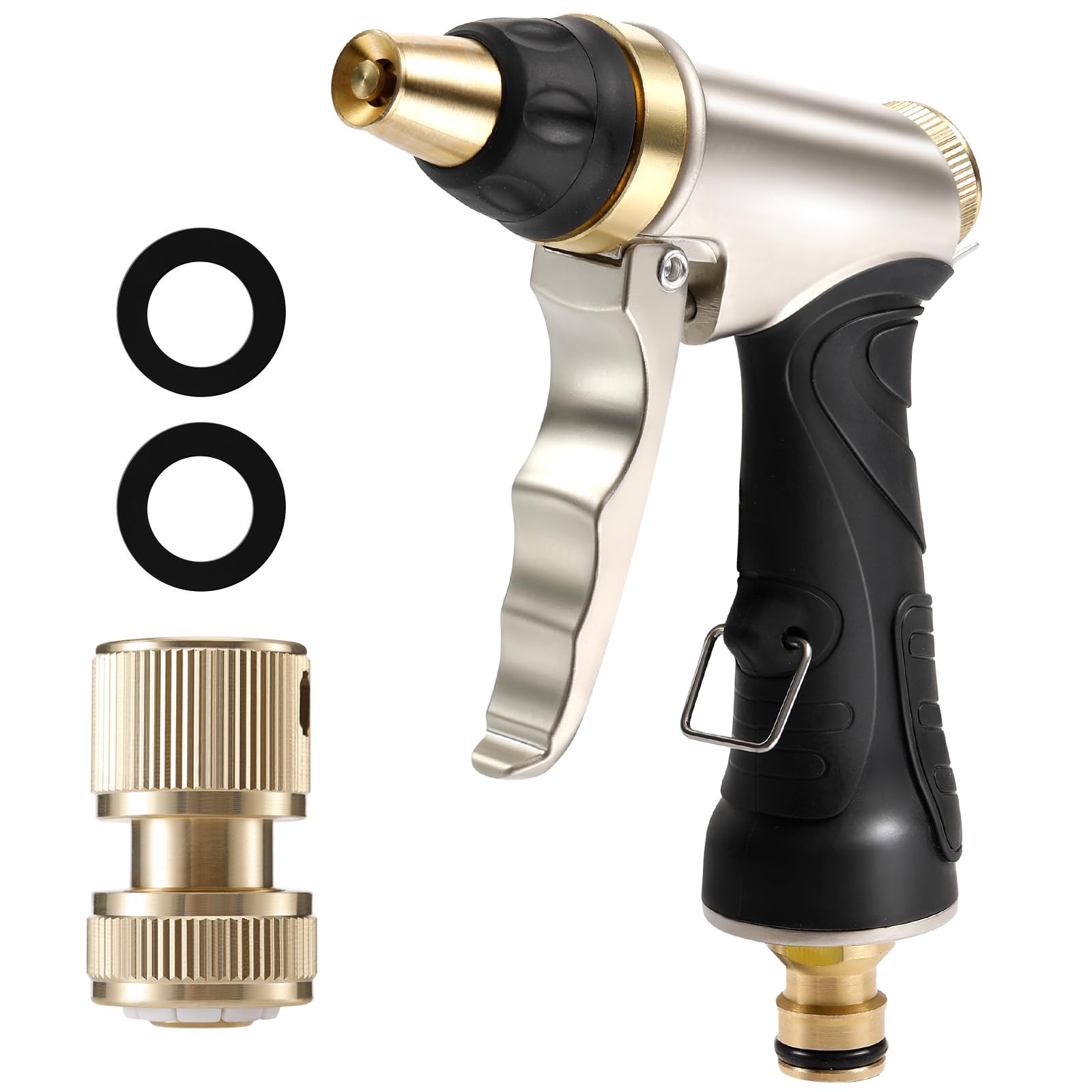 Hose Spray Gun, Garden Hose Nozzles & Spray Guns with Full Brass Nozzle, Non-Slip Grip, 4 Patterns Water Gun Sprinkler, High Pressure Spray Nozzle for Plants Watering, Cleaning, Car Washing Metallic