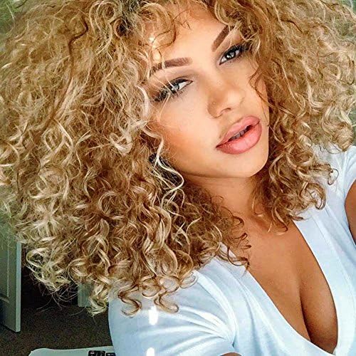 YOURWIGS Wigs for Black Women Short Curly Wigs Blonde and Brown Afro Kinky Hair Wig Synthetic Wig Soft Bouncy 18 Inch with Free Wig Cap Z094