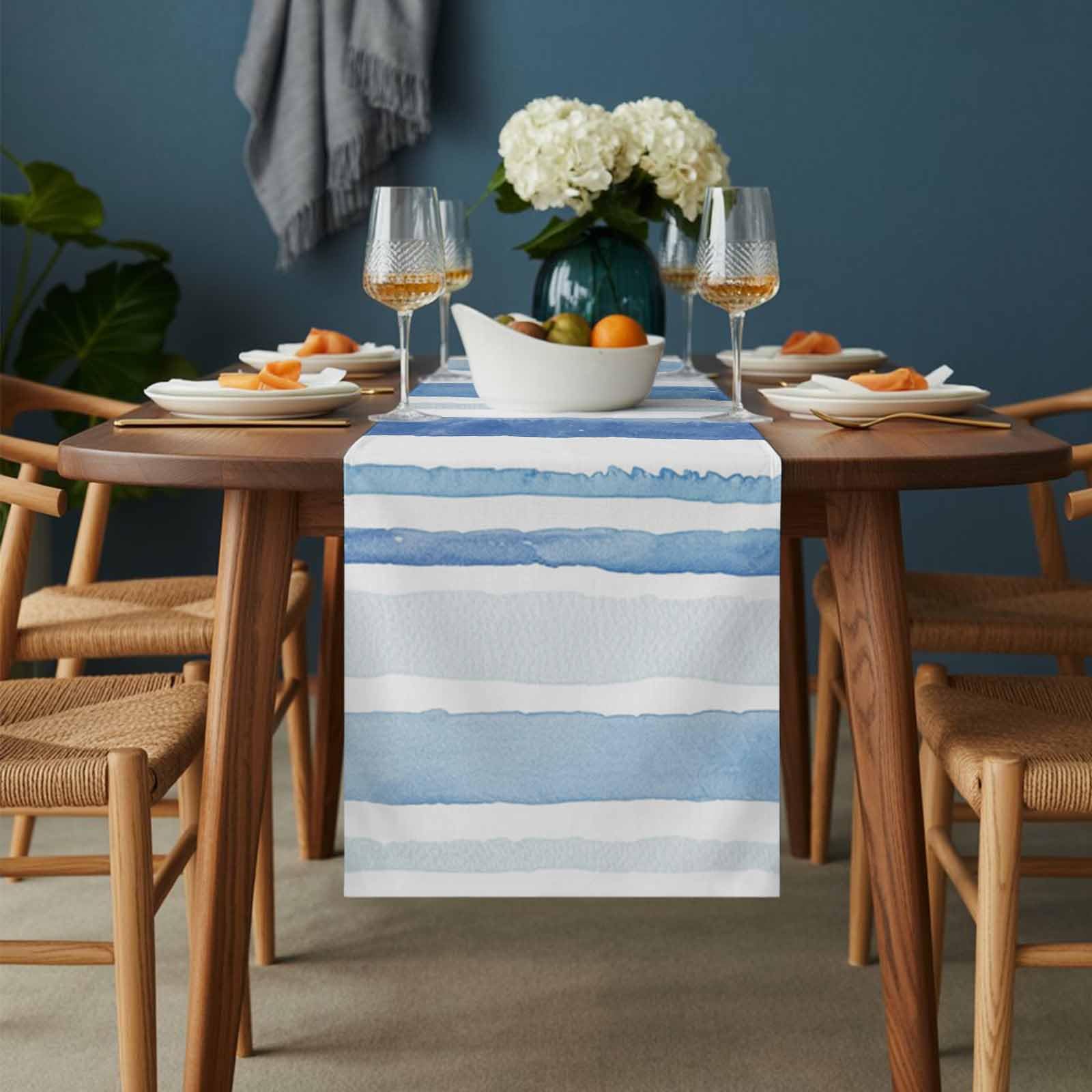 Condition photo showing New/Like New for blue white table runner 108 inches long, cotton linen table runners dresser scarves, modern watercolor abstract ombre striped fabric tabletop scarf furniture cover for home dinner party decor 13"x108" 13x108 inches blue