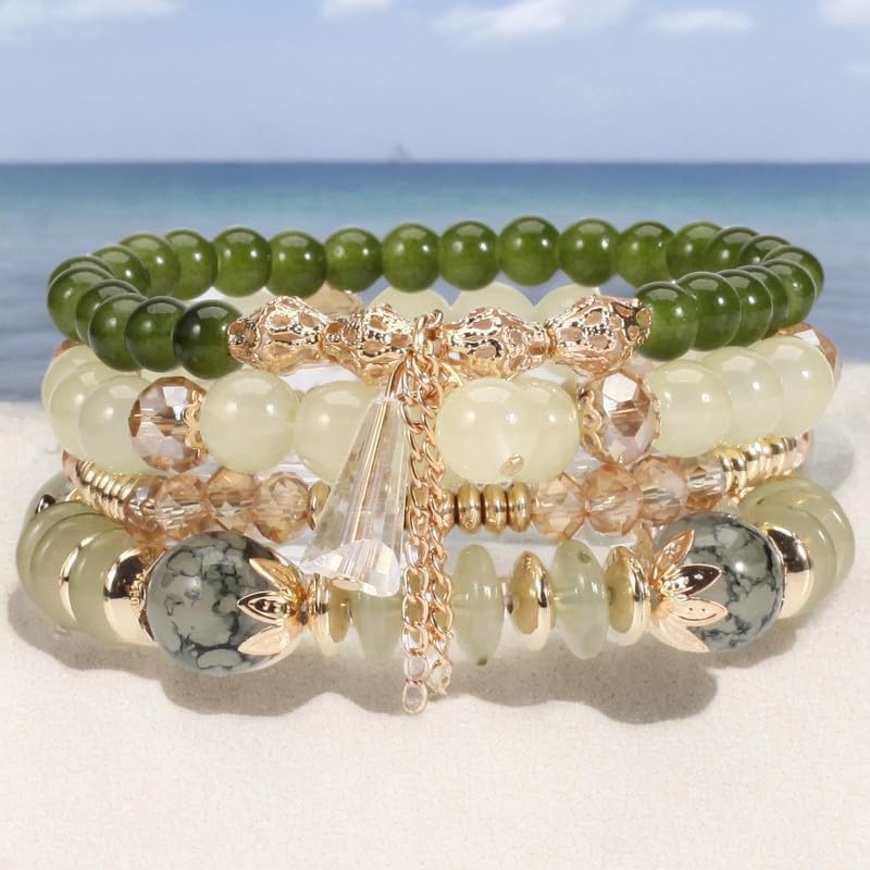 Caiyao 4Pcs Bohemia Multilayer Stackable Beaded Bracelets Set Colorful Crystal Stone Gold Beaded Stretch Bracelets Hawaii Charm Bracelet for Women Men Summer Beach Boho Vacation Jewelry Gifts