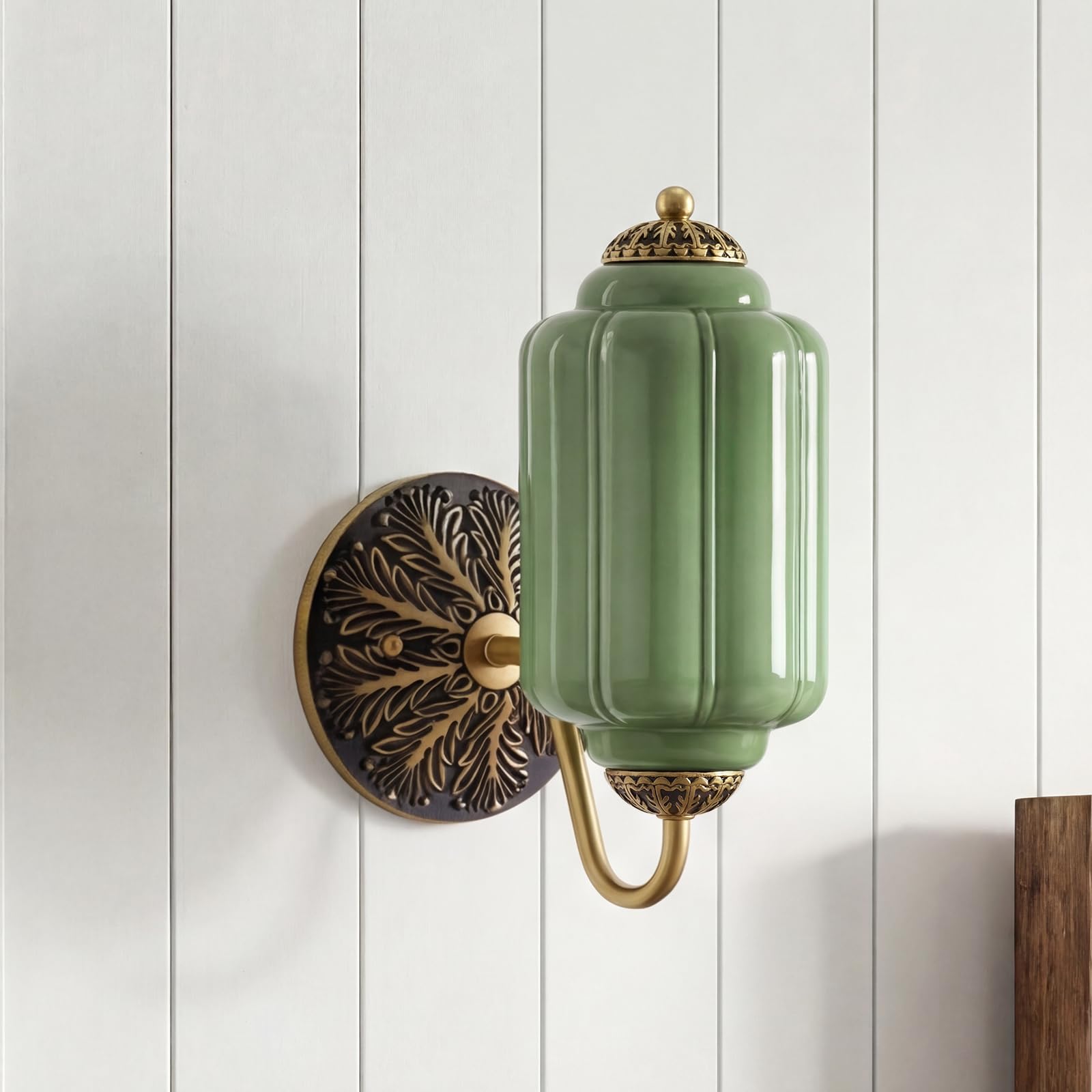 Photo 1 of CKENSU Vintage Milk Green Glass Wall Sconce - Milk Glass Shade Antique Brass Indoor Wall Light for Bedroom, Living Room, and Hallway