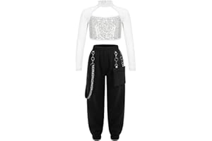 Sinleey Kids Girls 2Pcs Dance Tracksuit Shiny Crop Top with Cargo Pants Outfits for Hip Hop Sports Dancewear