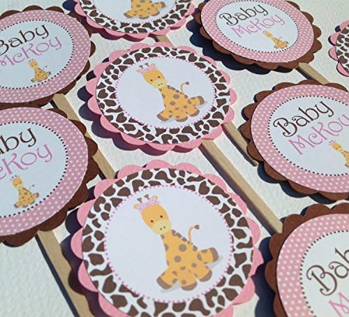 12 - Cupcake Toppers - Baby Giraffe Baby Girl Collection - Giraffe Print, Pink Polka Dots & Brown and White Accents - Party Packs Available