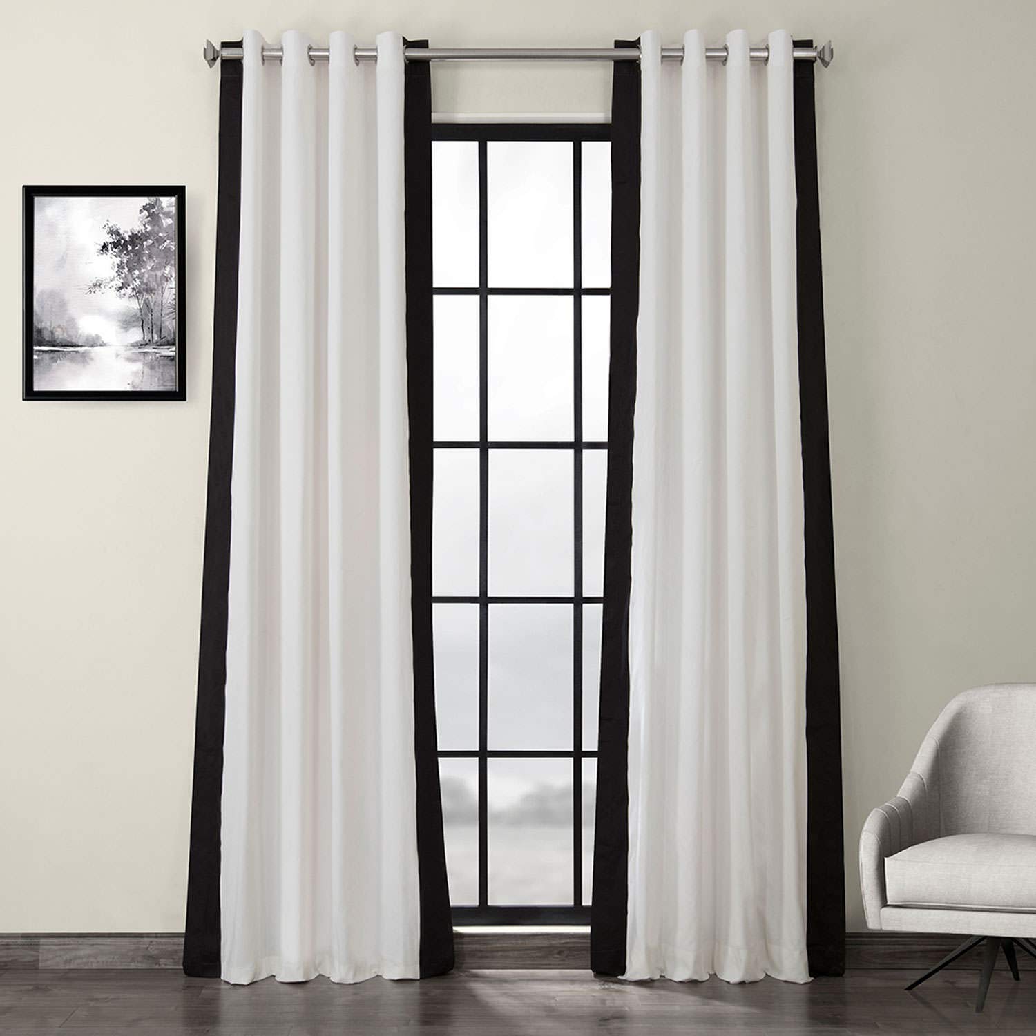 HPD Half Price Drapes Grommet Vertical Colorblock Curtain (1 Panel), Cotton, Fresh Popcorn and Black, 50 X 120