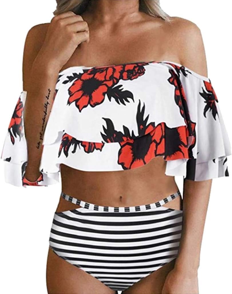 WANQUIY Women Off Shoulder Ruffle Hight Waist Printed Swimsuit Crop Top Two Piece Bathing Suit
