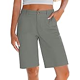 LookbookStore Bermuda Shorts for Women Cotton Knee Length High Waisted Elastic Waist Summer Dressy Casual Long Shorts