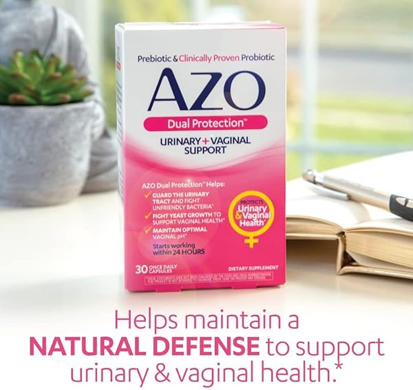 AZO DUAL PROTECTION, URINARY + VAGINAL SUPPORT, PREBIOTICS AND PROBIOTICS FOR WOMEN*, STARTS WORKING WITHIN 24 HOURS, NON-GMO, 30 COUNT