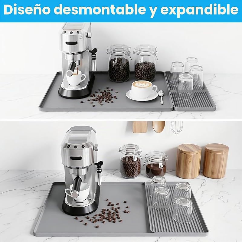 Tapete de Café de Silicona con Tapete de Secado– Antideslizante, Resistente al Calor, para Máquina de Café, Cocina y Bar Cocina (Gris) — foto 6 de 8