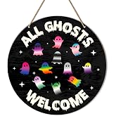 Halloween Door Sign Decor All Ghosts Welcome Wooden Hanging Sign | Halloween Wreath for Front Door Hanger Ghost Hanging Sign for Porch Wall Home Office Decorations
