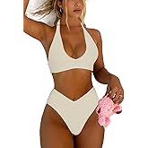 Syshrendy Women's Sexy High Leg Triangle Halter Bikini Set Padded Cup Bikini Cheeky Swimsuit V Cut Thong Bathing Suit