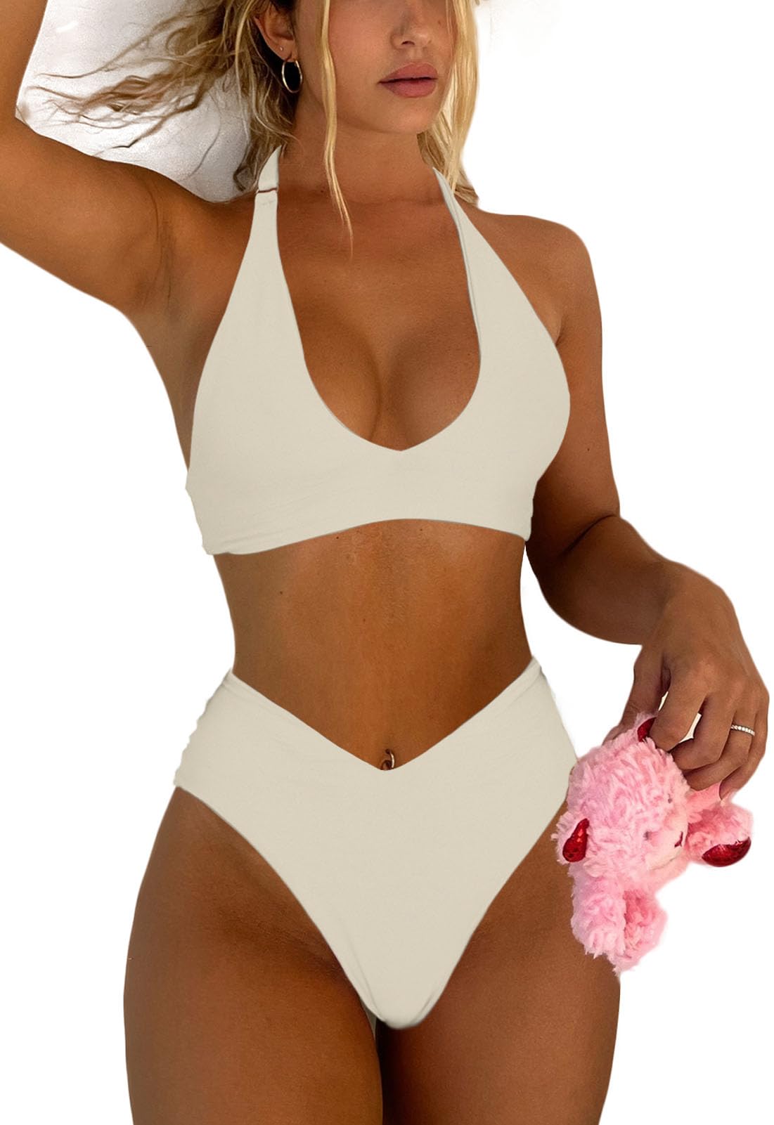 Photo 1 of Syshrendy Bikini High Waisted Cheeky High Leg Swimsuit for Women Halter Triangle Thong Bathing Suit(Beige,M)