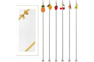 GARYVAULT 6Pcs Cocktail Stirrers Swizzle Sticks Stainless Steel 7.5" Coffee Beverage Stir Sticks with Fruits Gold Plated Enamel Charms for Mixing Cocktail, Hot Cocoa, Creamer