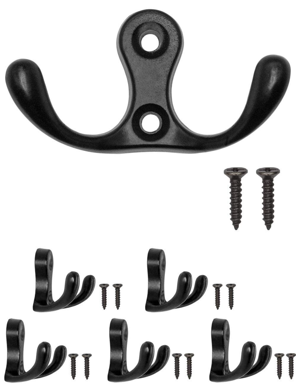 FUXXER® - Antique double hooks, wardrobe hooks, towel hooks, clothes hooks, iron hooks, matt black design, vintage country house retro, 55 x 31 mm, set of 5, black.