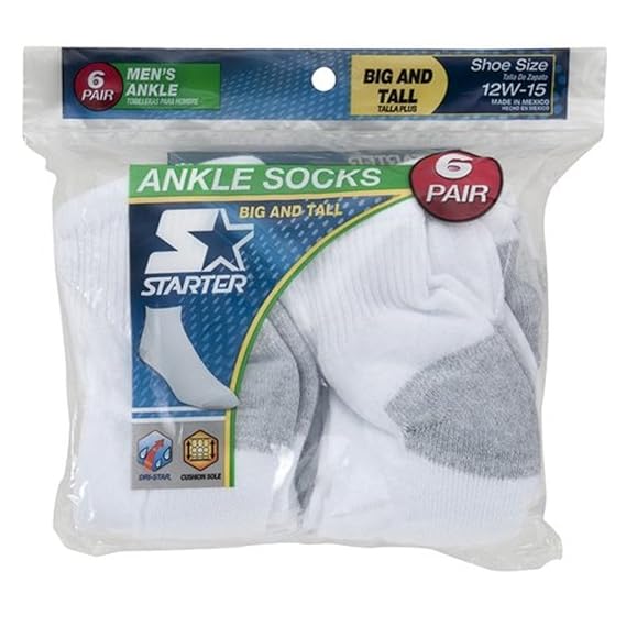 Starter Men's 6Pair Ankle Socks White Big and Tall 12W15 at Amazon Men’s Clothing store