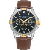 Geoffrey Beene Men's Silver Decorative Subdials Vegan Leather Dress Watch, Genuine Diamond Accent Dial, Classic Quartz, Date, Elegant Design (Brown)