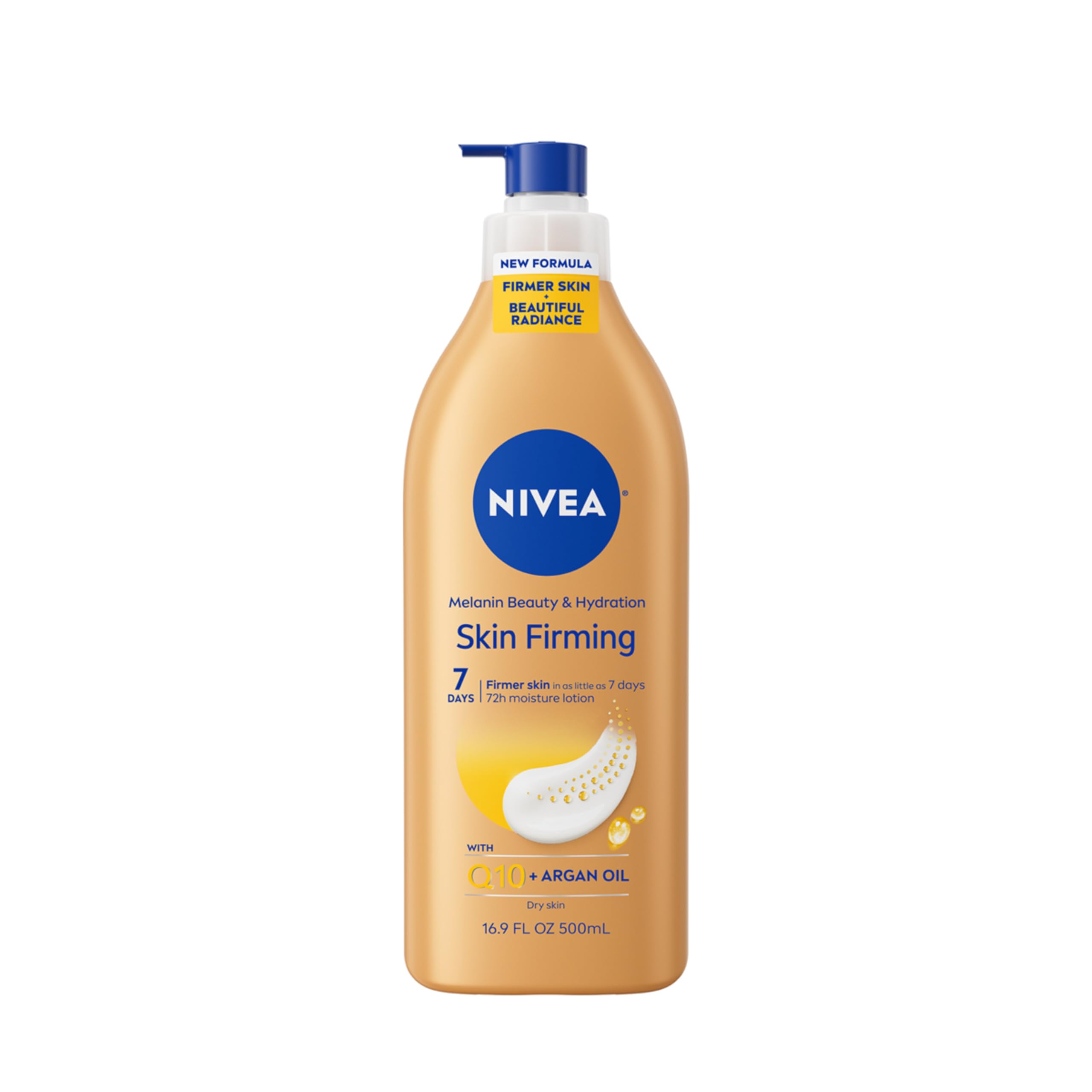 Photo 1 of ***BROKEN CAP*** NIVEA Skin Firming Melanin Beauty & Hydration Body Lotion with Q10 and Argan Oil, Firmer Skin in as Little As Seven Days, 16.9 Fl Oz Pump Bottle
