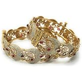 Duel On Jewel Women&rsquo;s Gold Plated Bangle Bracelet Set, Openable Indian Kangan Kada Collection, Polki &amp; Kundan Designs, Floral, Teardrop &amp; Geometric Styles, Festive Bridal Jewelry, Medium Size 2-6
