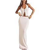 SOLY HUX Women's 2 Piece Evening Party Outfit Elegant Split Hem Halter Crop Top and Maxi Skirt Set