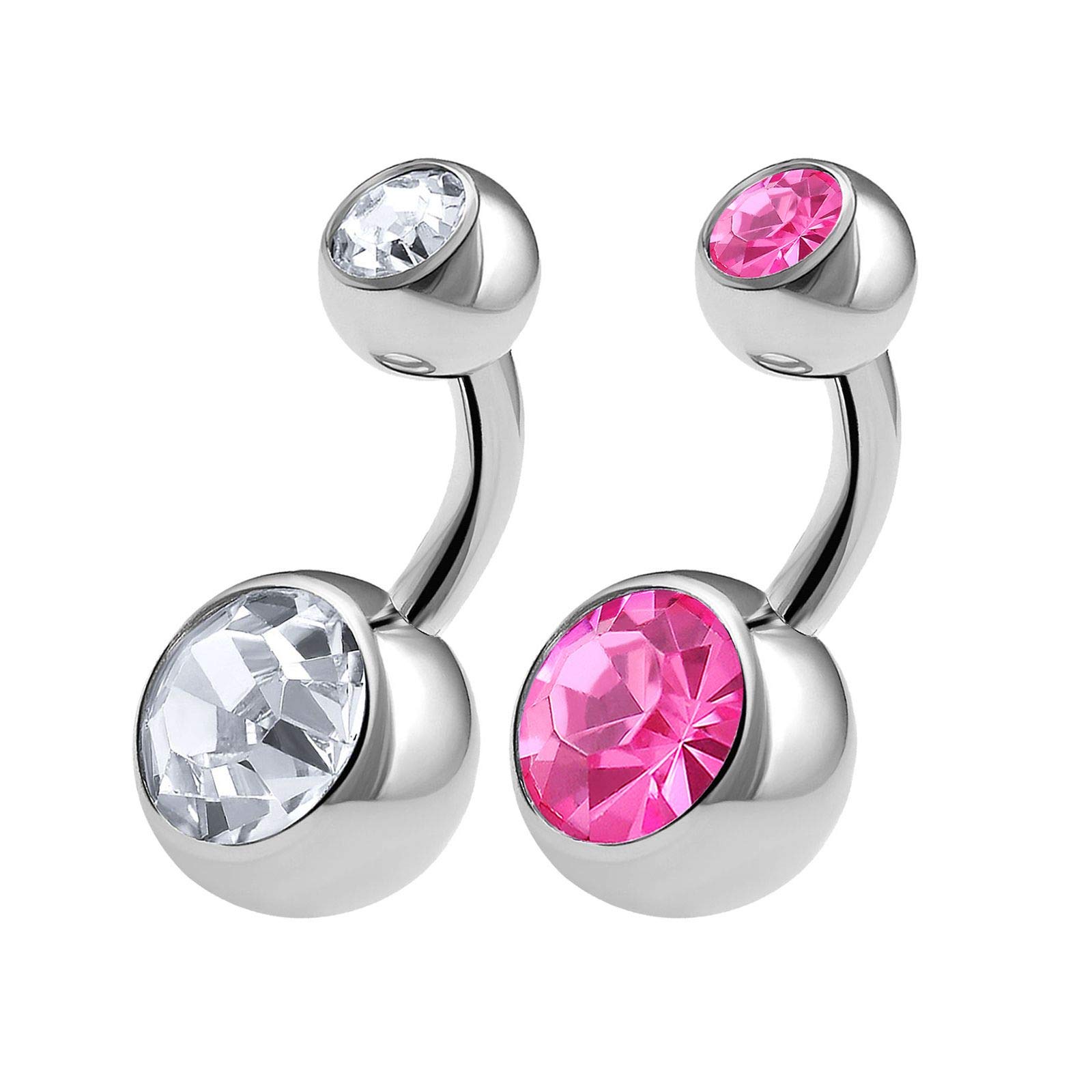 KJM FASHION 2PCS 316L Surgical Steel Short Belly Button Rings Studs 14 Gauge 1/4 6mm Pink Rose Crystal Ball Navel Piercing Jewellery 0564