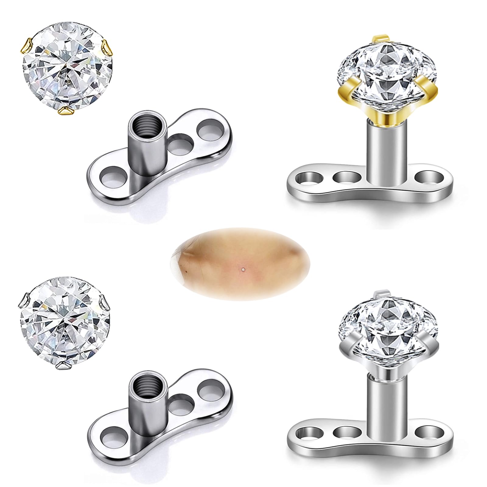 ZS 4PCS 14g Acero quirúrgico Cubronia cúbica Topas dérmicas y perforaciones de microdermales (Zirconia cúbica: 4 mm)