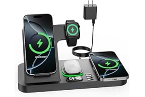 FEILTIK Dual Phone Wireless Charging Station for Apple Devices, Magnetic Charging Station for iPhone with Auto Switch 7-Color Light&Clock, Family Watch Charger for iPhone17 for iWatch11 for AirPods Pro3(Black