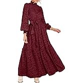 MITILLY Women's Fall Dresses Elegant Floral High Neck Long Sleeve Elastic Waist Formal Maxi Dress with Belt