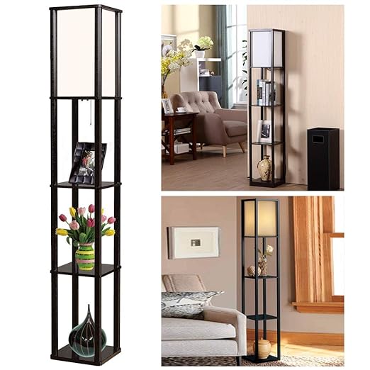 Thanger 2 In 1 Floor Stand Lamp With Decor Shelves Wooden Frame Floor Standing Shelf Lighting Supplies For Bedroom Living Room Hotel Holiday Gift