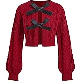 MakeMeChic Women's Bow Knot Cardigan Sweater Cable Knit Tie Front Crop Tops