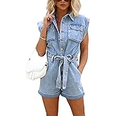 YADMISU Women's Vintage Short Sleeve Front Button Denim Romper Waist Tie Cute Stretch Distressed Jean Jumpsuit Shorts