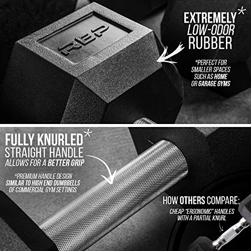 Rep Rubber Hex Dumbbell Set with Racks, 5-50 Set, 5-75 Set, 5-100 Set, 2.5-27.5 Set, 55-75, 80-100, or 105-125 Set. Available with and Without Racks. (OptionA: 5-50withSilverStand)