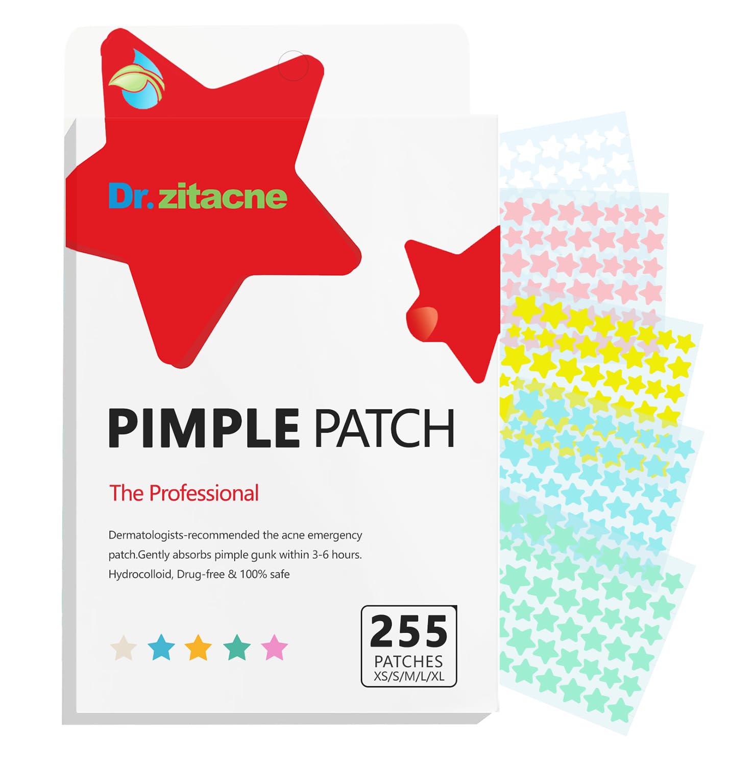 Pimple Patches for Face, 5 Color&Sizes(8,10,12,14,16mm) Acne Patches Hydrocolloid 255 Pcs Precise Matches Acne of Different Sizes, Cute Star Spot Stickers With Tea Tree Salicylic Acid Centella