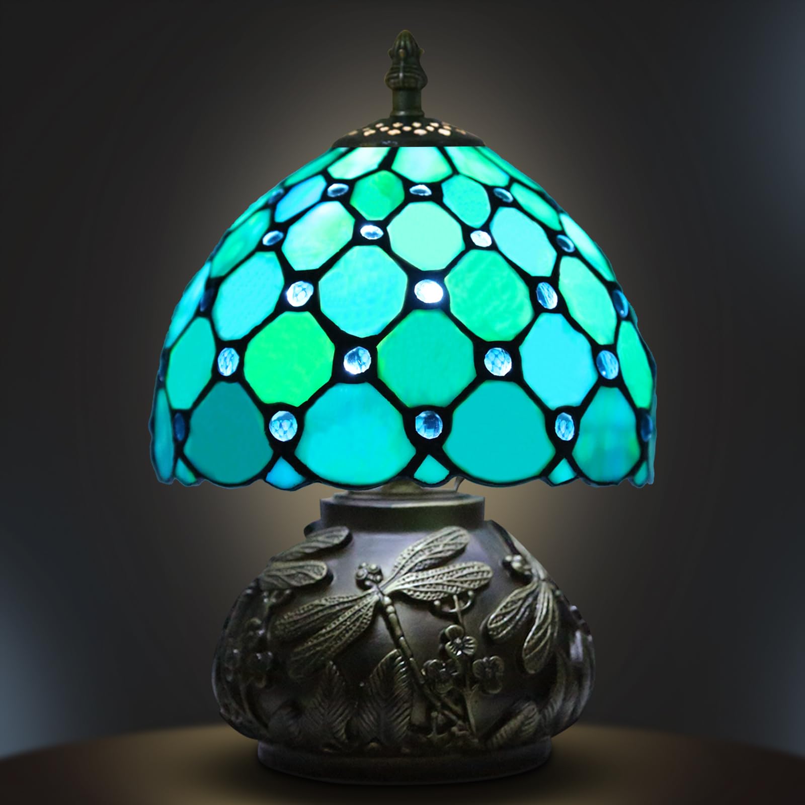 Ppbmocw Small Tiffany Lamp,Stained Glass Table Lamp for Living Room,Bedside,Reading,8 Inch Vintage Mini Mushroom Desk Light Included 3 Color Temperatures E27 Bulb (Blue)
