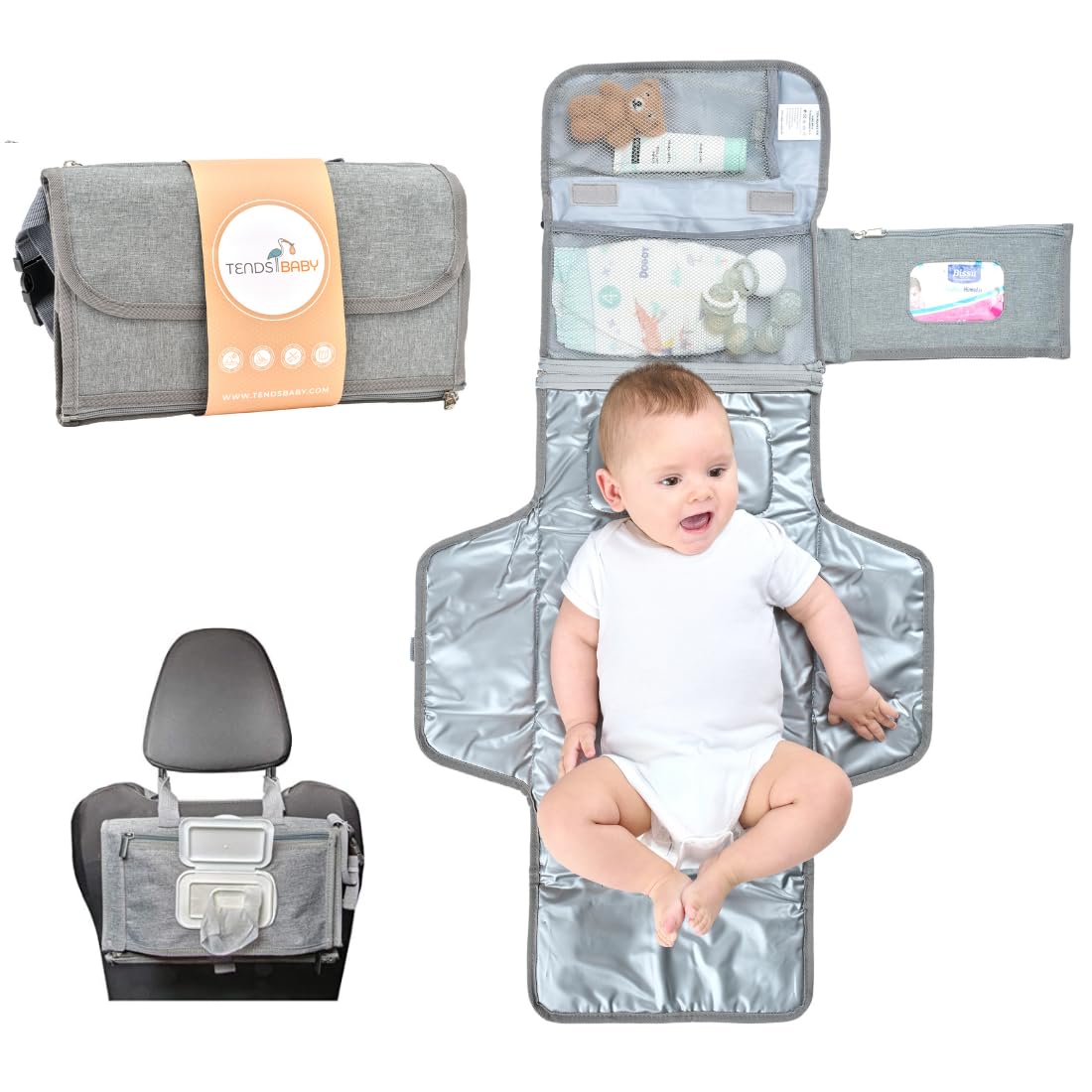 Portable Baby Changing Mat XL-Foldable Waterproof Changing Mat Ideal as a Gift for Newborn-The Diaper Changing Pad is a detachable bag with 6 pockets as a toiletry bag for baby items