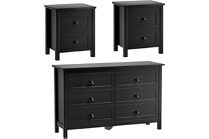 SINROM 3-Piece Dresser Bedroom Set, Farmhouse 6 Drawer Dresser & 2 Drawer Nightstands Set of 2, Chest of Drawers and Night Stand, 3 Pcs Bedroom Furniture Set