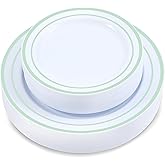 Crystal Ridge Tableware 60 Pieces White Plastic Disposable Plates - Premium Heavy-Duty 30 Dinner Plates & 30 Salad Plates with Mint Green Rim Ideal for Party, Birthday and Special Events