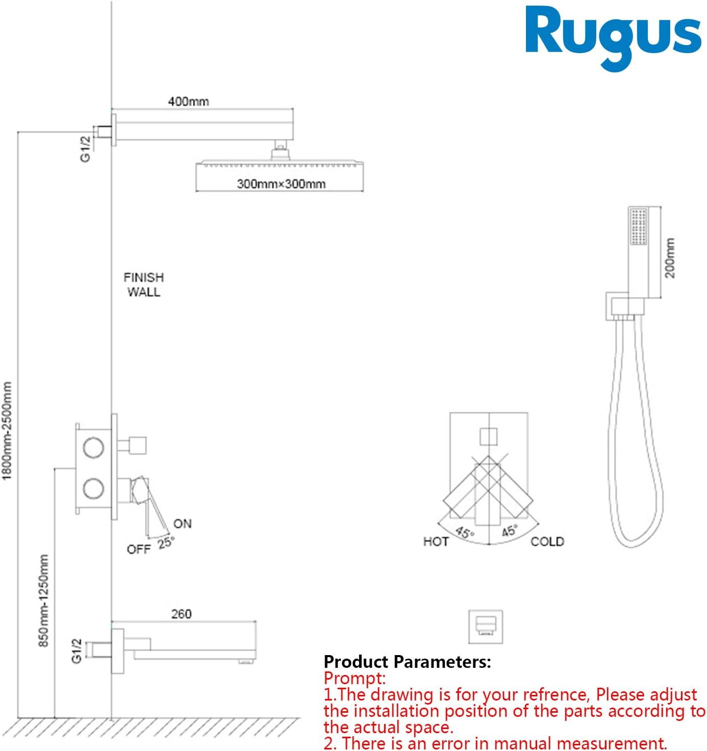 Rugus Shower System，Luxury Rain Mixer Shower Tub Spout Combo Set Wall Mounted Rainfall Shower Head System，10 Inch Square Rain Shower Head, Brushed Nickel Shower faucet rough-in valve body and trim - - 
