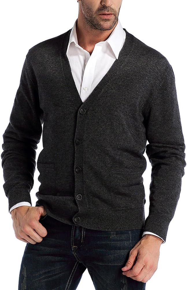 KallspinMen's Cardigan Sweater Wool Blended V Neck Cardigan with Buttons and Pockets