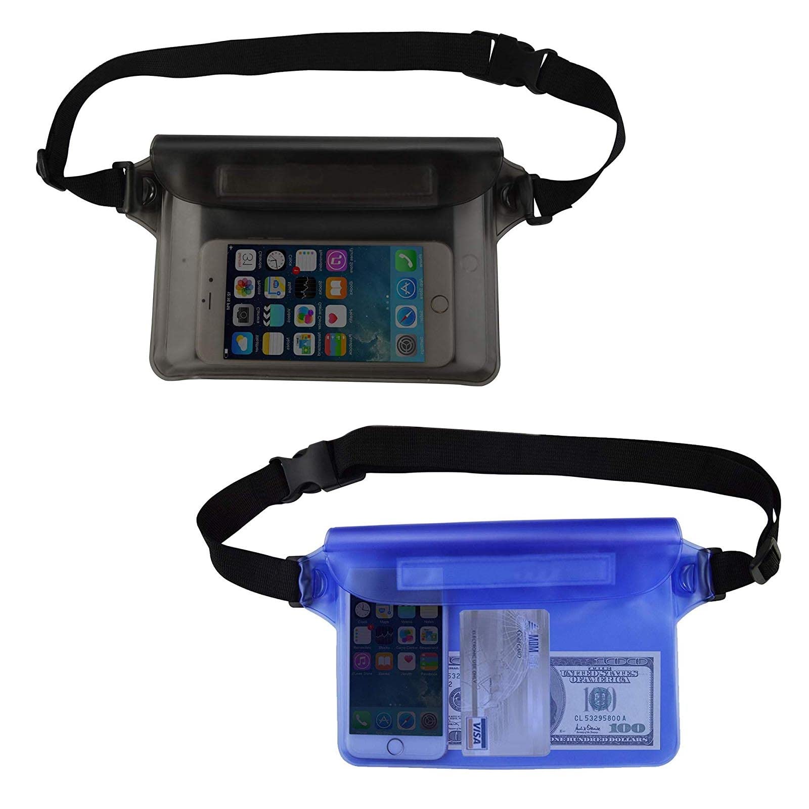 AWAVM 2PCS Waterproof Outdoor Sports Waist Pack, Adjustable Waterproof Phone Bag, PVC Three-Layer Sealed Waterproof Phone Waist Pack, Beach, Swimming Pool (Blue and Black)