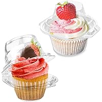 LOKQING 50 Pcs Cupcake Boxes Plastic Individual Cupcake Containers Single Cupcake Carrier with Connected Airtight Dome Lid fo