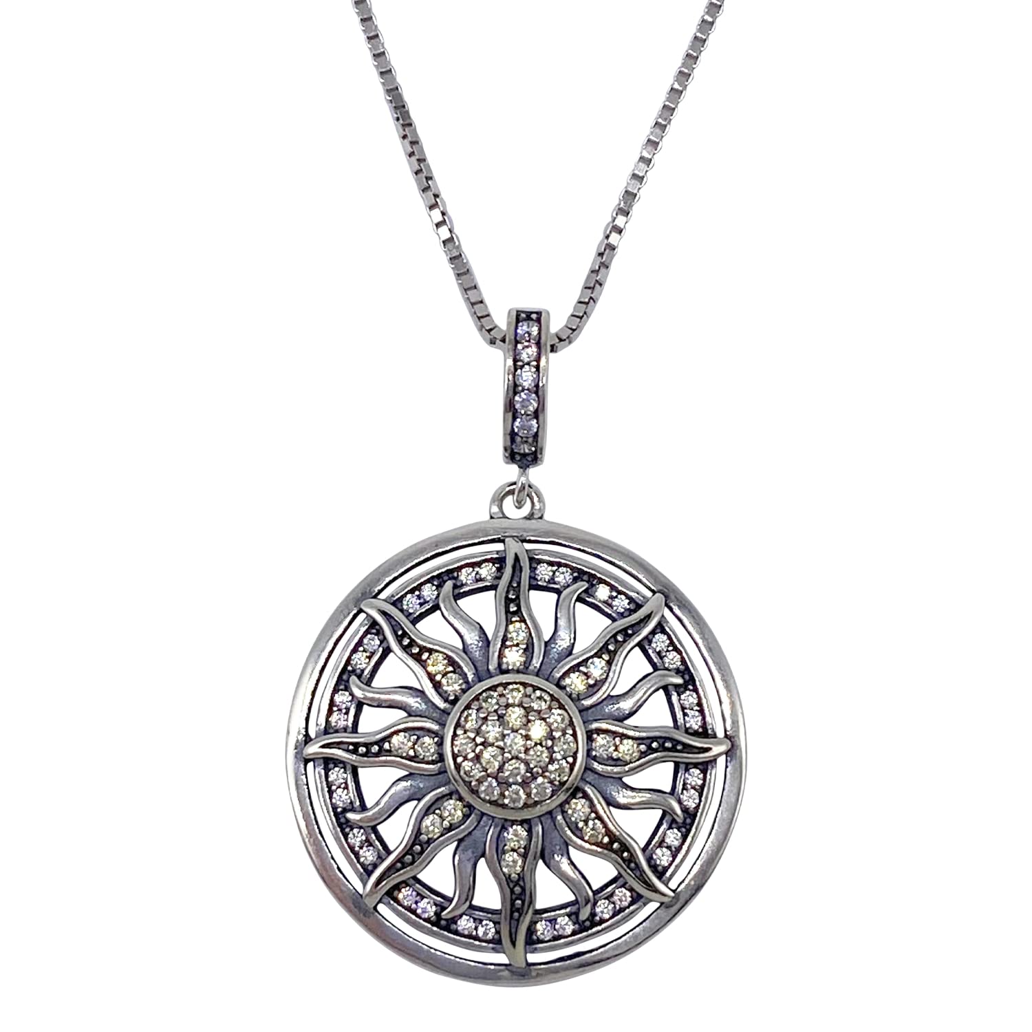 Ladies 925 Sterling Silver Celestial Sun Necklace Pendant for Women - 73 Cubic Zirconia Crystals - plus 45cm 925 Silver Box Chain - With Jewellery Gift Box.