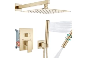 Aolemi Shower System with Rainfall Shower Head and Handheld Wall Mount,High Pressure Shower Faucet Set Fixture Combo with 2 in 1 Handheld Spray Rough-in Valve,12 Inch Shower Head Brushed Gold