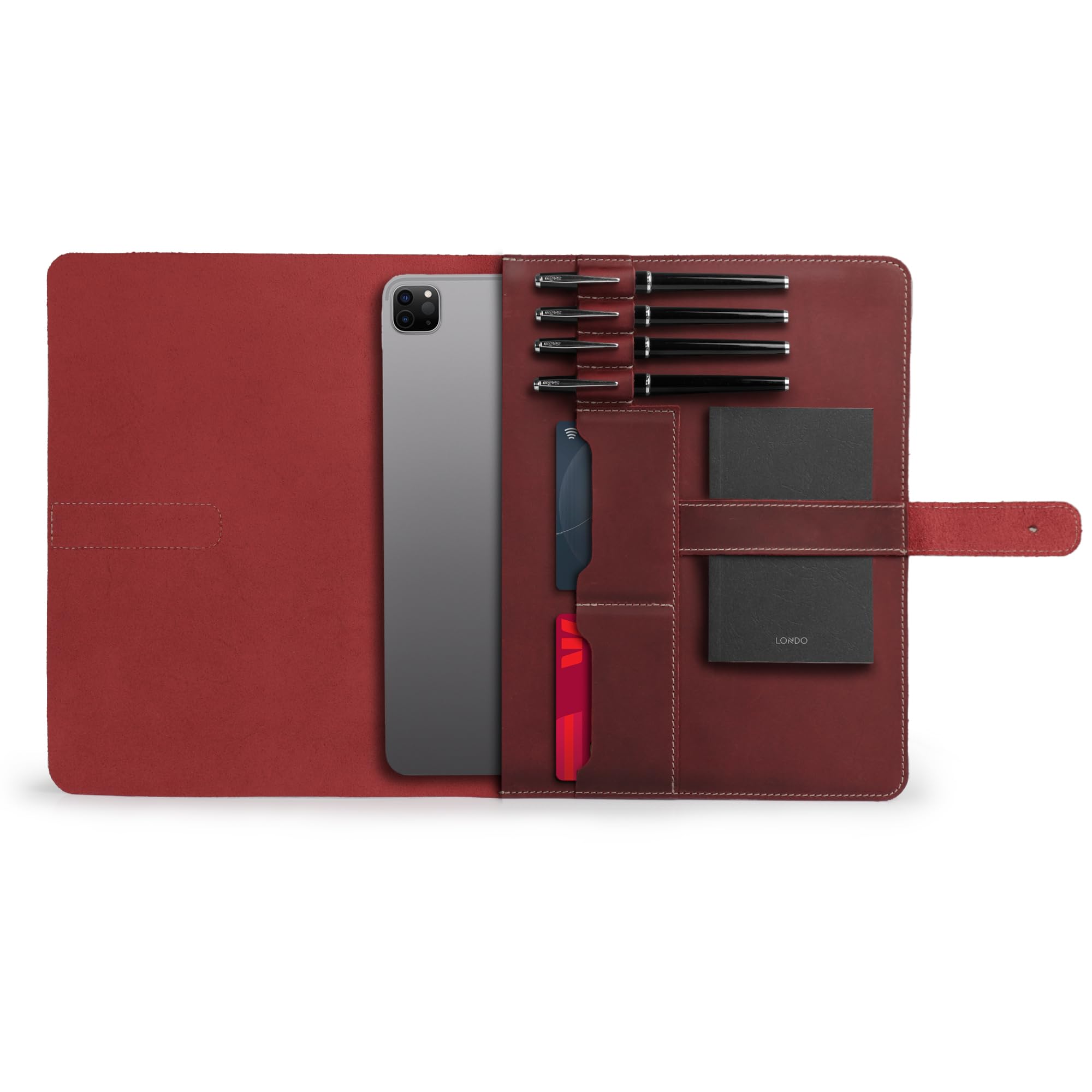 Londo Genuine Leather Tablet Cover with Two Card Slots & Leather Pen/Apple Pencil Holders (Red, 12.9 Inch)