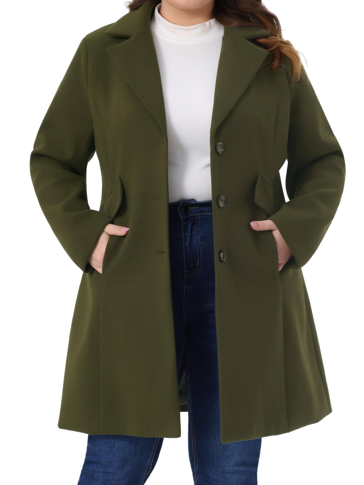 Photo 1 of Agnes Orinda Plus Size Winter Coats for Women Mid Length Notch Lapel Single Breasted Pea Coat Jacket Trendy Dressy 2025 2X Army Green