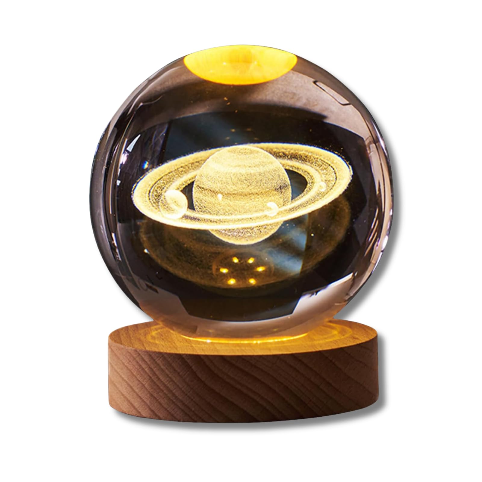 Buachois 3D Saturn Crystal Ball Night Light, 8cm Crystal Ball Luminous Inner Carved Night Light 7cm Wooden Base USB Plug Interface Tabletop Moon Light for Home Decoration(Warm light)