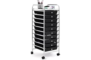 KOTEK 10-Drawer Rolling Storage Cart, Multipurpose Utility Cart Mobile Craft Cart w/Drawers & Wheels, Home Office School Tools Scrapbook Paper Organizer (Black)